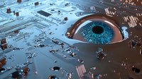 Futuristic cybernetic eye emerging from circuit board surface with glowing blue iris, representing artificial intelligence and digital surveillance technology.