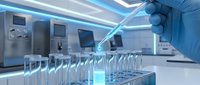 Laboratory scientist in blue gloves using pipette for precise sample analysis in modern research facility with test tubes and advanced equipment.