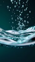 Macro shot of water surface with rising bubbles against dark teal background, capturing liquid motion and transparency in high detail.