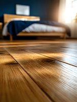 Close-up view of wooden floor planks in bedroom with blurred bed in background, natural sunlight streaming through window creates warm atmospheric mood.