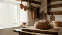 Rustic artisan bread loaf on wooden cutting board in traditional farmhouse kitchen with exposed beams and hanging copper pots for bakery and cooking.