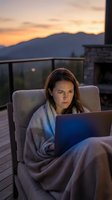 Focused woman working on laptop wrapped in blanket on outdoor terrace during golden hour sunset with mountain backdrop for remote work and productivity.
