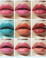 Collage of nine glossy lips in different shades from pink to turquoise and coral, showing various lipstick colors and textures with high shine finish for beauty and cosmetic marketing.