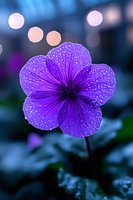 Purple petunia flower with water drops against blurred bokeh background, macro photography showing delicate petals and morning dew in garden setting.