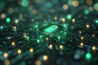 Glowing microchip on circuit board with green and gold bokeh lights creating futuristic technology atmosphere. Digital security concept for cybersecurity designs.