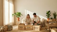Young couple unpacking cardboard boxes in bright living room with houseplants during home relocation. Moving day concept for new homeowners settling into apartment.