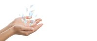 Closeup of female hand holding splashing water droplets on white background, isolated for design use on websites, apps, and marketing materials.