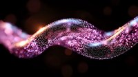 Flowing purple and pink glittering particle wave with sparkling light effects on dark background for digital art and motion graphics projects.
