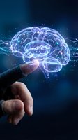Human hand touching glowing digital brain hologram with neural networks and data connections on dark blue technology background for AI concepts.