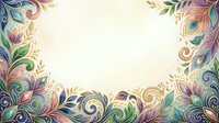 Ornate floral frame with swirling botanical elements in purple, blue, and gold tones on cream background. Isolated design element suitable for invitations, cards, and decorative projects.