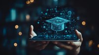 Digital hologram graduation cap floating above smartphone with glowing education icons and bokeh lights in dark background for online learning concept.