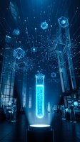 Futuristic laboratory with glowing test tube and holographic AI interface elements in blue cyberpunk style for technology and science concepts.