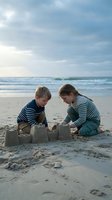 Two young children building sandcastle together on beach during cloudy day. Brother and sister playing with sand toys creating fortress by ocean waves.