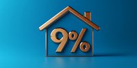 House shaped outline with 9 percent symbol inside on blue background, representing mortgage rates, interest rates, or real estate financial concept.
