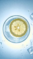 Overhead view of fresh lemon slice floating in clear water inside glass with ice cubes scattered on blue surface, perfect for beverage and wellness concepts.