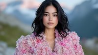 Young Asian woman with flowing black hair wearing pink floral coat against mountain landscape background, soft natural lighting creates dreamy romantic mood.