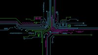 Futuristic circuit board design with glowing neon lines and electronic pathways on dark background for technology and digital innovation projects.