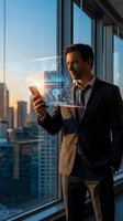 Professional businessman using smartphone with holographic interface display in modern office overlooking city skyline at sunset for business technology concepts.