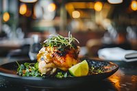 Glazed chicken thigh served on bed of fresh microgreens with lime wedge garnish, plated on dark ceramic dish against atmospheric restaurant lighting.