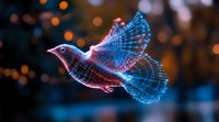 Glowing digital bird with neon blue wireframe design flying against dark bokeh background, combining technology and nature in modern artistic visualization.