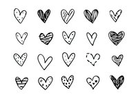 Hand drawn doodle hearts collection with different patterns and textures on white isolated background, romantic design elements for valentines cards and love notes.
