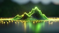 Glowing green mountain range visualization with sparkles and light reflections on dark background creates mystical data landscape effect.