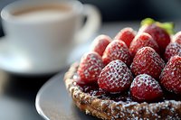 Fresh strawberry chocolate tart dusted with powdered sugar on dark plate, with coffee cup blurred in background, close-up view showing rich dessert texture.