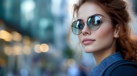 Young Caucasian woman wearing round sunglasses with reflection, casual denim outfit, looking away thoughtfully against blurred urban bokeh background with warm lights.