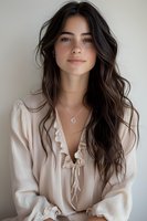 Young woman with long dark wavy hair wearing cream colored ruffle blouse and delicate necklace against light background, natural makeup look and gentle smile.
