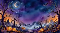 Spooky nighttime landscape with glowing jack-o-lanterns, bare trees, crescent moon, bats, and haunted house silhouette against purple and orange starry sky for Halloween designs.