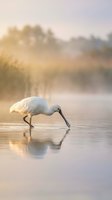 White spoonbill bird feeding in calm water with golden sunrise light and soft bokeh background creating peaceful wetland scene with perfect reflection.