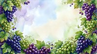Watercolor grape vine border frame with green and purple grapes, lush leaves on soft pastel background, copy space for text.