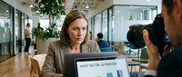 Middle-aged Caucasian female professional in business attire presenting market analysis data on laptop during corporate meeting in modern office environment with colleagues.