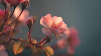 Delicate pink rose blooms with soft petals and visible stamens on branch with buds and leaves against blurred background for romantic floral designs.