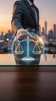 Professional businessman holding glowing digital scales of justice with network icons over city skyline at sunset representing legal technology and law firm services.