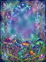 Enchanted forest scene with glowing mushrooms, magical plants, and ornate golden frame border surrounding a starry galaxy sky with purple, blue, and teal nebula clouds. Use for fantasy artwork, mystical designs, and spiritual projects.