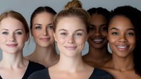 Diverse group of women with natural makeup and glowing skin smiling at camera against gray background, showcasing beauty and inclusivity in cosmetics industry.