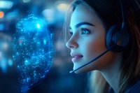 Young female customer service representative with headset looking at glowing digital face hologram against blue technology background. AI support concept.