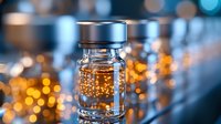Close-up of amber liquid in glass bottle with metallic cap, blurred bokeh background with warm golden lights. Suitable for pharmaceutical, cosmetic, or supplement product marketing.