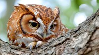 Close-up of a small brown owl perched on a tree branch, displaying distinctive facial markings and alert expression. Suitable for wildlife, nature, and educational content.