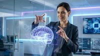 Professional businesswoman interacting with holographic brain projection in modern tech office, artificial intelligence and neuroscience concept.