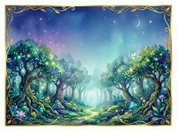 Enchanted forest landscape with glowing trees, magical moonlit sky, and ornate golden frame border, suitable for fantasy artwork, book illustrations, and mystical themed designs.