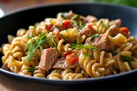 Delicious fusilli pasta salad with tuna, fresh vegetables and herbs in dark bowl. Mediterranean cuisine dish with spiral noodles, bell peppers and dill garnish.