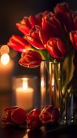 Red tulips in glass vase with glowing candles creating romantic atmosphere. Soft bokeh lights and dark moody background enhance intimate evening ambiance.