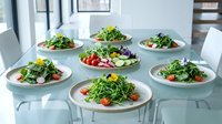 Fresh healthy salads with mixed greens and colorful vegetables arranged on white plates for clean eating and nutritious dining experience.