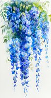 Cascading blue wisteria flowers with delicate green foliage on white background, watercolor style botanical illustration for wall art and textile design.