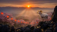 Bighorn sheep standing on rocky outcrop overlooking vast valley filled with blooming cherry blossoms at golden sunrise, mountains in misty distance, wildlife landscape scene.