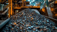 Raw coal on industrial conveyor belt with dramatic lighting shows mining industry operations and fossil fuel production process in dark atmospheric setting.
