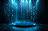 Futuristic blue digital platform with glowing matrix code rain and circular stage, dramatic lighting creates cyberpunk atmosphere for product display or tech presentation.