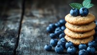 Fresh blueberries scattered around stacked butter cookies on rustic wooden table. Garnished with mint leaves and berries on top, moody food photography.